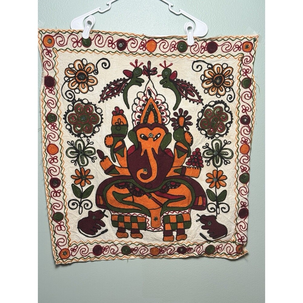 Vintage Embroidered Lord Ganesha Wall Hanging / Tapestry - 27” X 28”